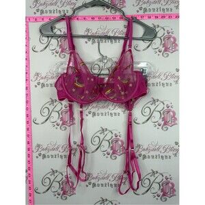 Playful promises 2 piece set  Fuchsia Embroidered Underwire Bra & Garter Straps